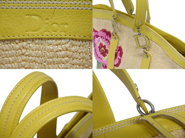 CHRISTIAN DIOR クリスチャンディオール トートバッグ ハンドバッグ フラワー 07-BO-1005 ラフィア レザー 美品 中古 4b009267