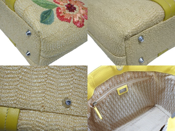 CHRISTIAN DIOR クリスチャンディオール トートバッグ ハンドバッグ フラワー 07-BO-1005 ラフィア レザー 美品 中古 4b009267