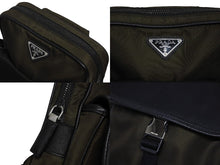 画像をギャラリービューアに読み込む, 新品同様 PRADA プラダ ONE SHOULDER BACKPACK ワンショルダーバックパック トライアングルロゴ ナイロン レザー カーキ ブラック 中古 4b009471