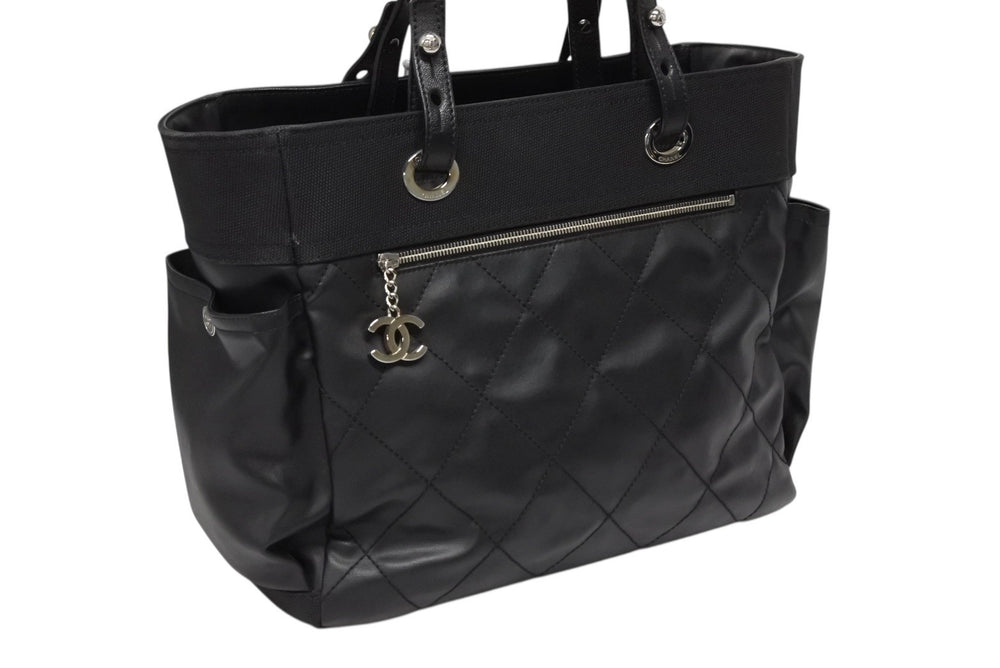 Like new CHANEL Paris Biarritz Tote Bag MM Coco Mark A34209 Coated Canvas Leather Silver Hardware Used 4b009506