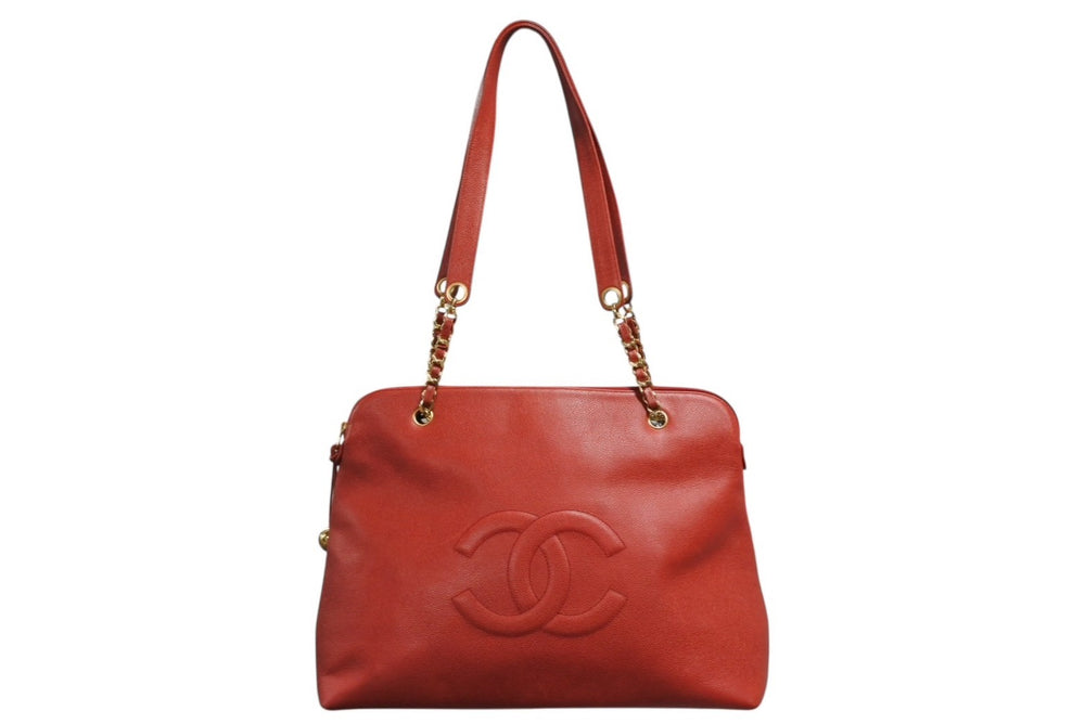 CHANEL Chain Shoulder Tote Bag No. 3 Caviar Skin Big Coco Mark Coco Ball Red Gold Hardware Good Condition Used 4b009543