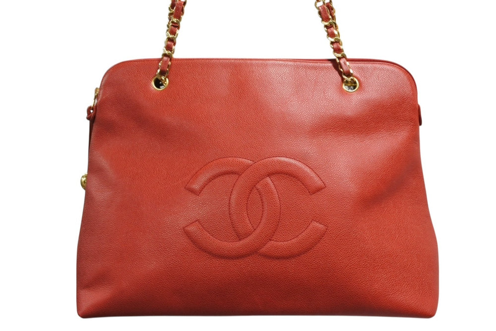 CHANEL Chain Shoulder Tote Bag No. 3 Caviar Skin Big Coco Mark Coco Ball Red Gold Hardware Good Condition Used 4b009543