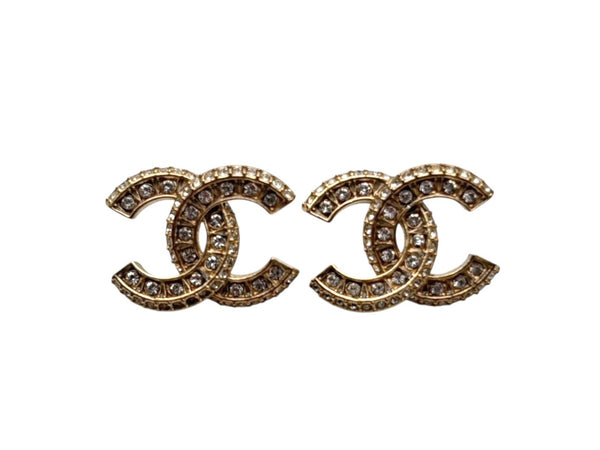 Very Good Condition CHANEL Coco Mark Earrings Accessories Both Ears A18V Engraved 4.8g Rhinestone GP Gold Used 4b009593