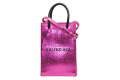 BALENCIAGA バレンシアガ クロコ型押し メタリッククラック加工 ショッピングフォンホルダーバッグ ピンク ブラック 美品 中古 4b011780