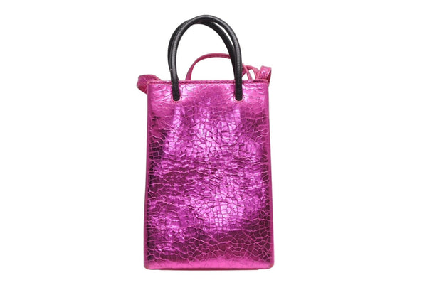 BALENCIAGA バレンシアガ クロコ型押し メタリッククラック加工 ショッピングフォンホルダーバッグ ピンク ブラック 美品 中古 4b011780