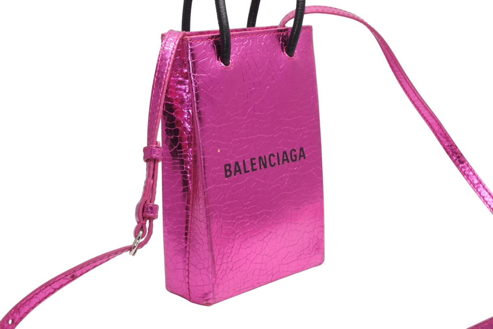BALENCIAGA バレンシアガ クロコ型押し メタリッククラック加工 ショッピングフォンホルダーバッグ ピンク ブラック 美品 中古 4b011780