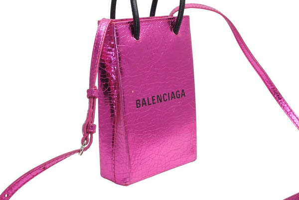BALENCIAGA バレンシアガ クロコ型押し メタリッククラック加工 ショッピングフォンホルダーバッグ ピンク ブラック 美品 中古 4b011780