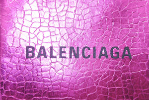 BALENCIAGA バレンシアガ クロコ型押し メタリッククラック加工 ショッピングフォンホルダーバッグ ピンク ブラック 美品 中古 4b011780