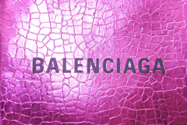 BALENCIAGA バレンシアガ クロコ型押し メタリッククラック加工 ショッピングフォンホルダーバッグ ピンク ブラック 美品 中古 4b011780