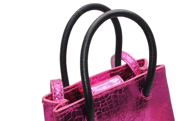BALENCIAGA バレンシアガ クロコ型押し メタリッククラック加工 ショッピングフォンホルダーバッグ ピンク ブラック 美品 中古 4b011780