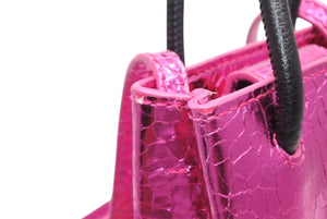 BALENCIAGA バレンシアガ クロコ型押し メタリッククラック加工 ショッピングフォンホルダーバッグ ピンク ブラック 美品 中古 4b011780