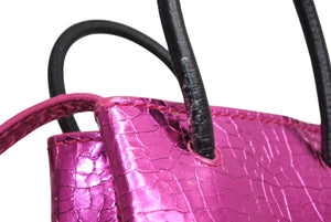 BALENCIAGA バレンシアガ クロコ型押し メタリッククラック加工 ショッピングフォンホルダーバッグ ピンク ブラック 美品 中古 4b011780