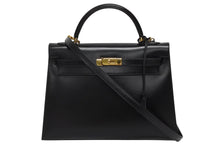 画像をギャラリービューアに読み込む, 極美品 HERMES エルメス ケリー32 外縫い ブラック ○W刻印 カーフスキン ゴールド金具 ハンドバッグ 2WAY 中古 4b009649