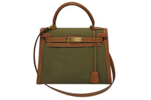 画像をギャラリービューアに読み込む, 極美品 HERMES エルメス KELLY ケリー28 2WAY ハンドバッグ クシュベル トワルアッシュ ゴールド カーキ ゴールド金具 〇X刻印 中古 4b009700