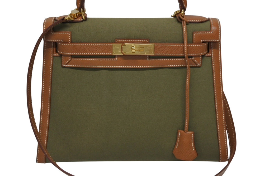 極美品 HERMES エルメス KELLY ケリー28 2WAY ハンドバッグ クシュベル トワルアッシュ ゴールド カーキ ゴールド金具 〇X刻印 中古 4b009700