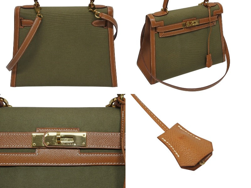 極美品 HERMES エルメス KELLY ケリー28 2WAY ハンドバッグ クシュベル トワルアッシュ ゴールド カーキ ゴールド金具 〇X刻印 中古 4b009700
