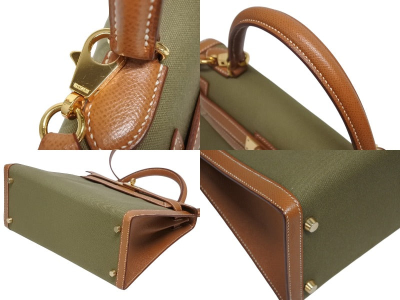 極美品 HERMES エルメス KELLY ケリー28 2WAY ハンドバッグ クシュベル トワルアッシュ ゴールド カーキ ゴールド金具 〇X刻印 中古 4b009700