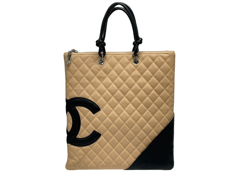 CHANEL シャネル カンボンライン フラット トートバッグ 9番台 カーフスキン ココマーク ベージュ ブラック シルバー金具 美品 中古 4b009768