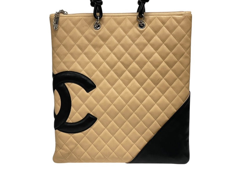 CHANEL シャネル カンボンライン フラット トートバッグ 9番台 カーフスキン ココマーク ベージュ ブラック シルバー金具 美品 中古 4b009768