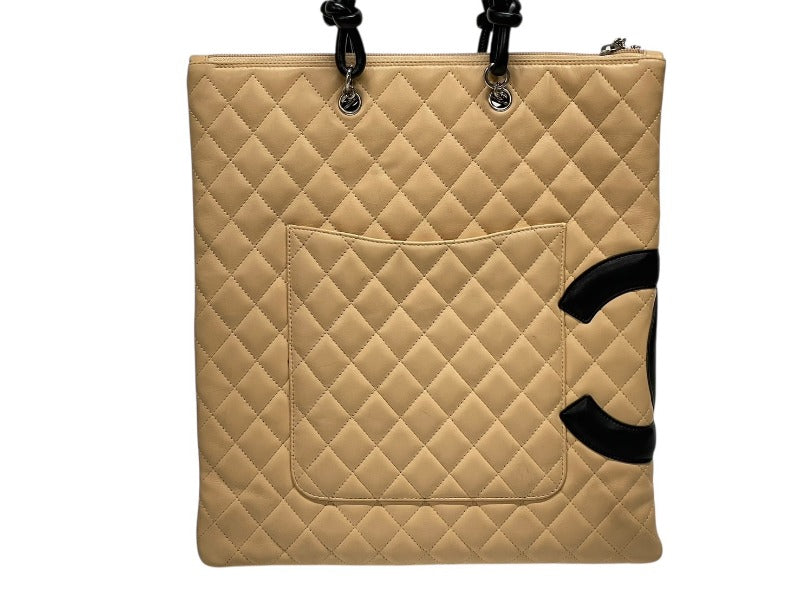 CHANEL シャネル カンボンライン フラット トートバッグ 9番台 カーフスキン ココマーク ベージュ ブラック シルバー金具 美品 中古 4b009768