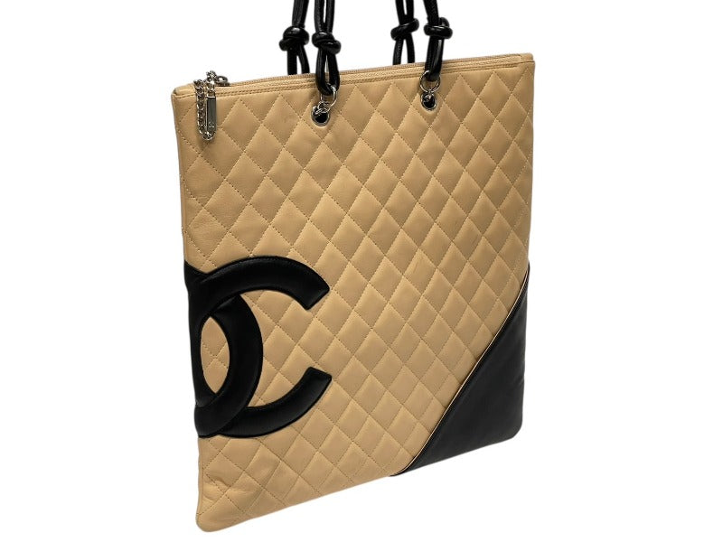 CHANEL シャネル カンボンライン フラット トートバッグ 9番台 カーフスキン ココマーク ベージュ ブラック シルバー金具 美品 中古 4b009768