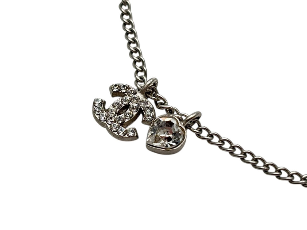 CHANEL Coco Mark Heart Necklace Weight Approx. 5.0g 04A Stamp Total Length Approx. 42cm Rhinestone Metal Clear Silver Good Condition Used 4b009789