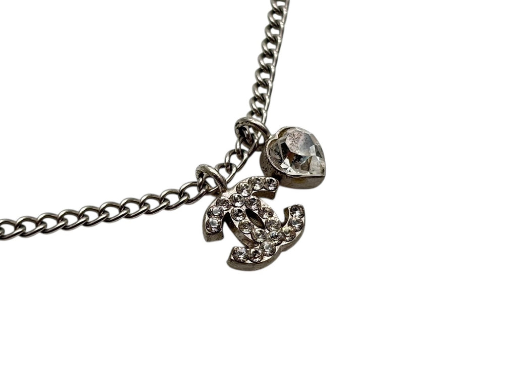 CHANEL Coco Mark Heart Necklace Weight Approx. 5.0g 04A Stamp Total Length Approx. 42cm Rhinestone Metal Clear Silver Good Condition Used 4b009789