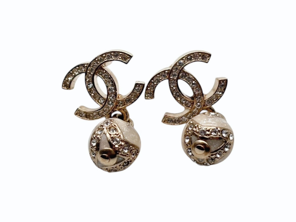極美品 CHANEL シャネル ココマーク ぶら下がりピアス 重量約6.0g C23K刻印 ラインストーン メタル レジン GP 両耳用 中古 4b009795
