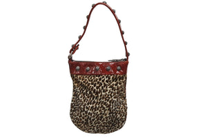 極美品 CHROME HEARTS クロムハーツ ミニハンドバッグ クロスボール ハラコレザー レオパード シルバー金具 中古 4b009845