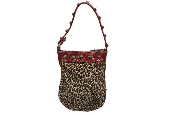 極美品 CHROME HEARTS クロムハーツ ミニハンドバッグ クロスボール ハラコレザー レオパード シルバー金具 中古 4b009845