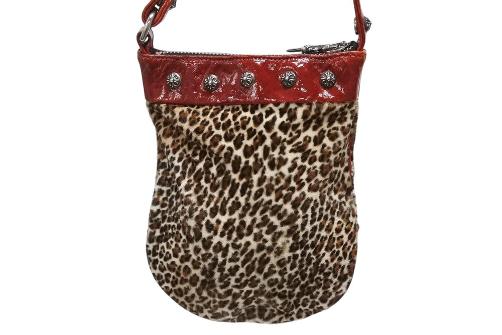 極美品 CHROME HEARTS クロムハーツ ミニハンドバッグ クロスボール ハラコレザー レオパード シルバー金具 中古 4b009845