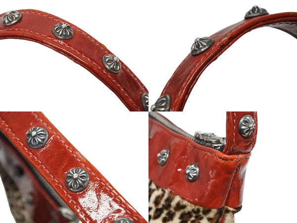 極美品 CHROME HEARTS クロムハーツ ミニハンドバッグ クロスボール ハラコレザー レオパード シルバー金具 中古 4b009845
