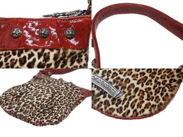極美品 CHROME HEARTS クロムハーツ ミニハンドバッグ クロスボール ハラコレザー レオパード シルバー金具 中古 4b009845