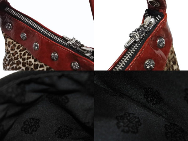 極美品 CHROME HEARTS クロムハーツ ミニハンドバッグ クロスボール ハラコレザー レオパード シルバー金具 中古 4b009845