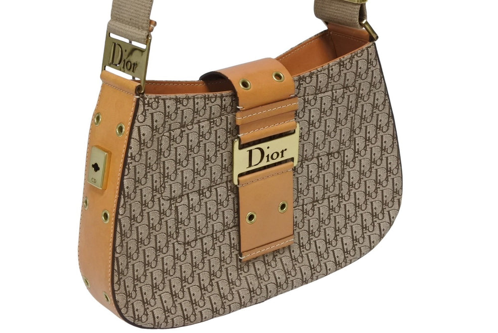 CHRISTIAN DIOR クリスチャンディオール ワンショルダーバッグ ストリートシック トロッターライン ベージュ ブラウン ゴールド金具 美品 中古 4b009868
