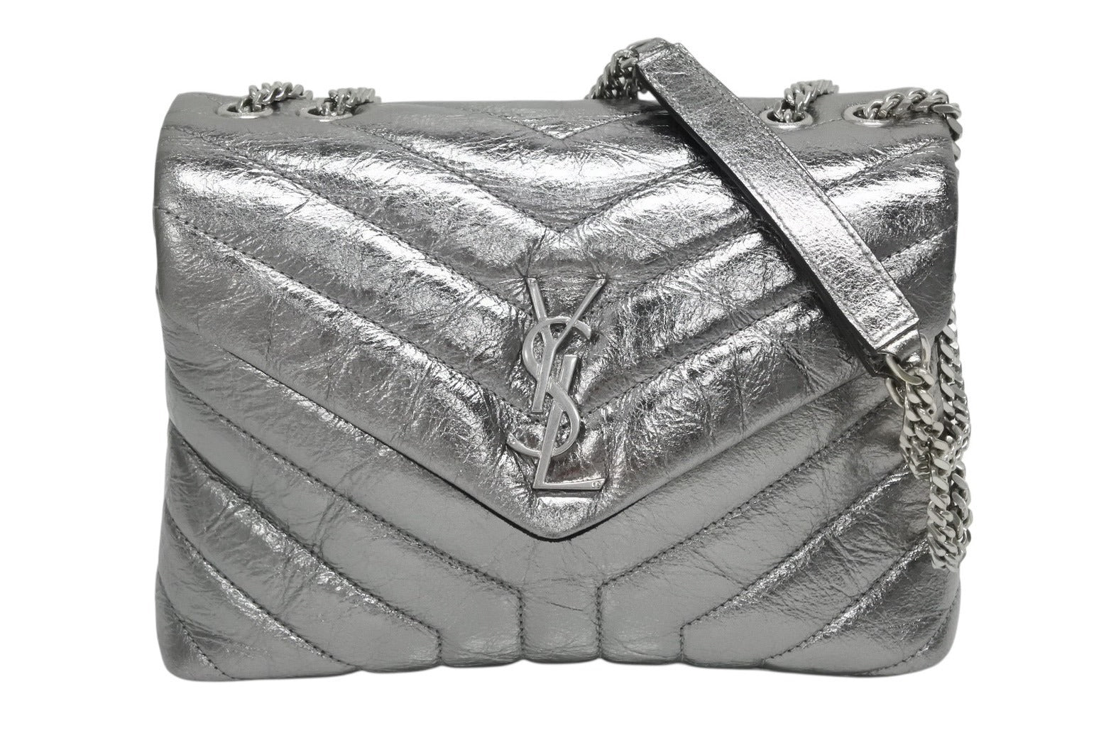 美品【SAINT LAURENT】 ショルダーバッグ シルバー系 サンローラン SAINT LAURENT ショルダーバッグ レザー シルバー