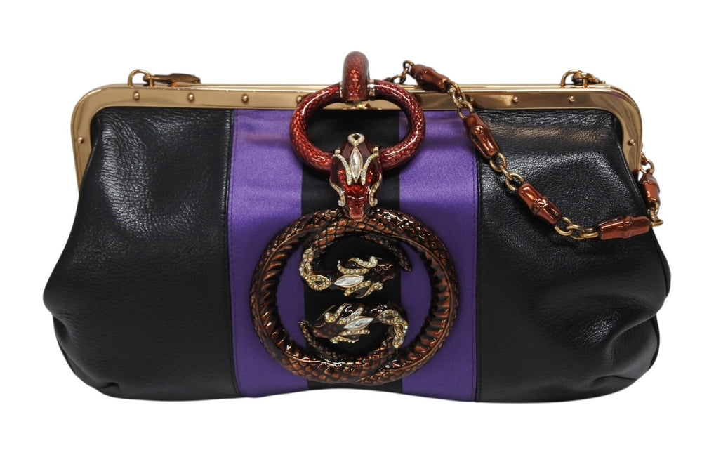 極美品 GUCCI グッチ ワンショルダーバッグ 129457 04AW トムフォード期 レザー サテン ブラック パープル スネーク ゴールド金具 中古 4b009972