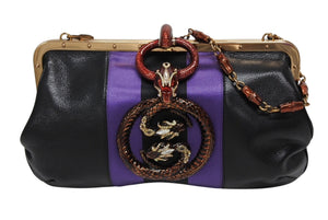 極美品 GUCCI グッチ ワンショルダーバッグ 129457 04AW トムフォード期 レザー サテン ブラック パープル スネーク ゴールド金具 中古 4b009972
