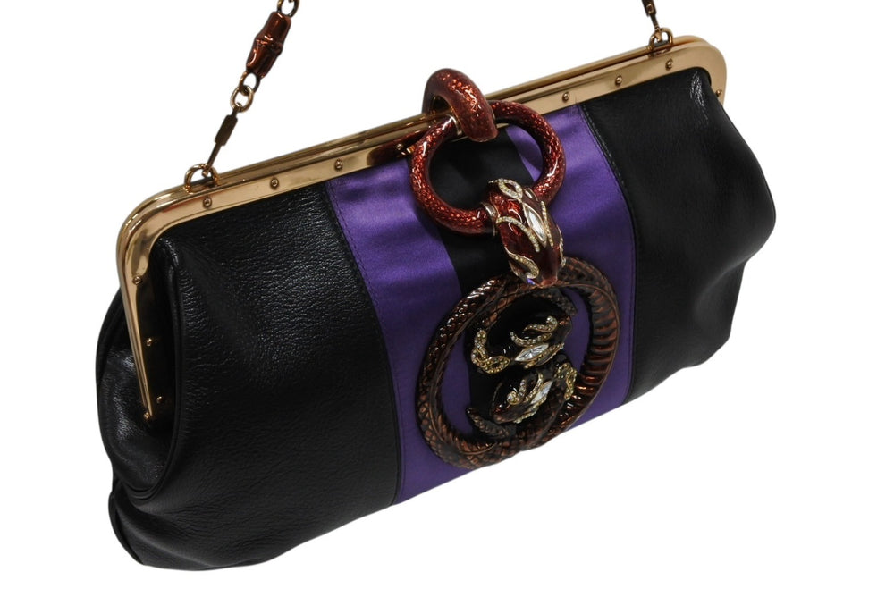 極美品 GUCCI グッチ ワンショルダーバッグ 129457 04AW トムフォード期 レザー サテン ブラック パープル スネーク ゴールド金具 中古 4b009972
