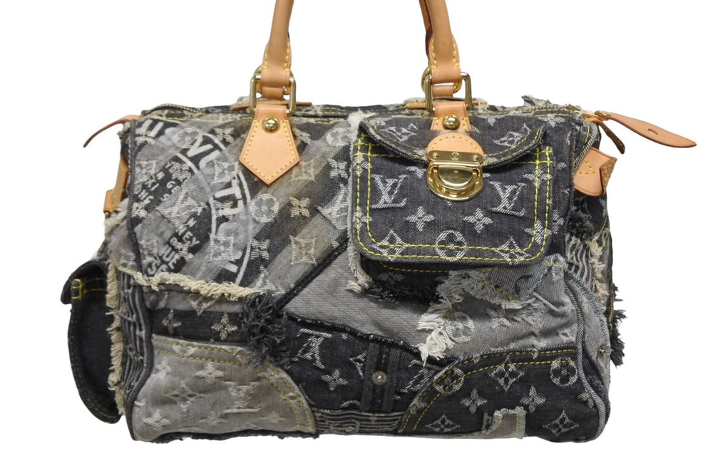 極美品 LOUIS VUITTON ルイヴィトン スピーディ30 ボストンバッグ パッチワーク M95381 モノグラムデニム ブラック 中古 4b009975