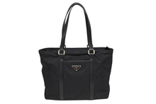 画像をギャラリービューアに読み込む, PRADA プラダ ハンドバッグ トートバッグ 裏地デザイン トライアングルロゴ イタリア製 ナイロン レザー ブラック 美品 中古 4b010067