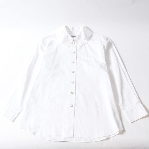 CHANEL シャネル 長袖シャツ ブラウス P62021V11472 サイズ50 ココマーク コットン ホワイト ゴールド 美品 中古 4b012778