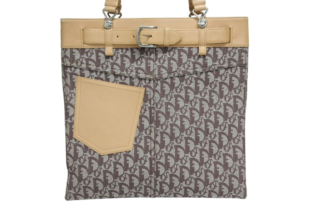 CHRISTIAN DIOR Trotter Tote Bag BO-B0042 Canvas Leather Brown Silver Hardware Good Condition Used 4b010099