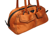 画像をギャラリービューアに読み込む, 極美品 PRADA プラダ ハンドバッグ トライアングルロゴ イタリア製 サテン レザー オレンジ シルバー金具 中古 4b010102