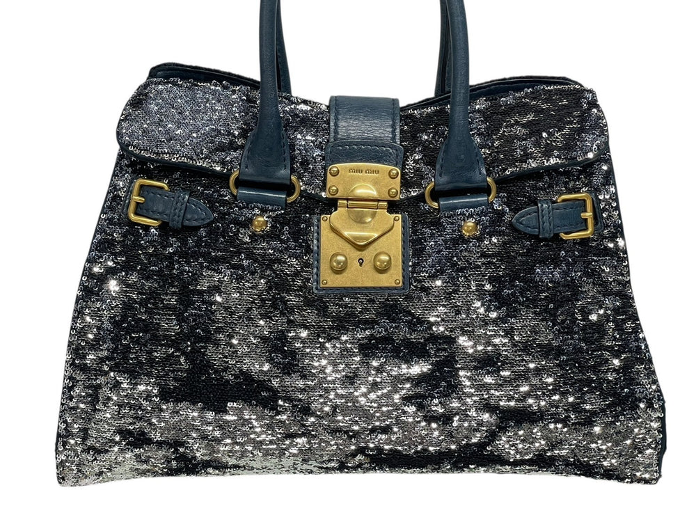 MIUMIU ミュウミュウ ハンドバッグ トートバッグ スパンコール レザー ブルー ネイビー シルバー ゴールド金具 美品 中古 4b010103