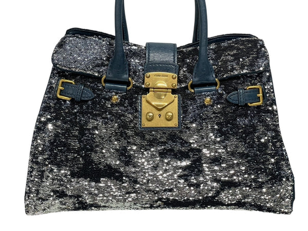 MIUMIU ミュウミュウ ハンドバッグ トートバッグ スパンコール レザー ブルー ネイビー シルバー ゴールド金具 美品 中古 4b010103