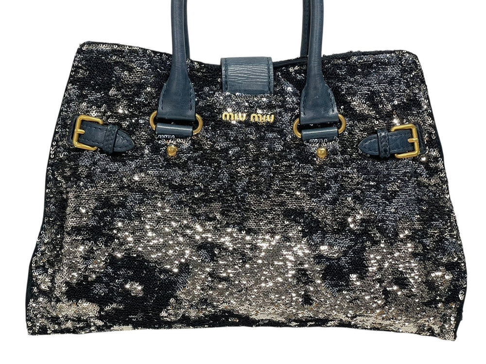 MIUMIU Handbag Tote Bag Sequins Leather Blue Navy Silver Gold Hardware Good Condition Used 4b010103