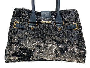MIUMIU ミュウミュウ ハンドバッグ トートバッグ スパンコール レザー ブルー ネイビー シルバー ゴールド金具 美品 中古 4b010103