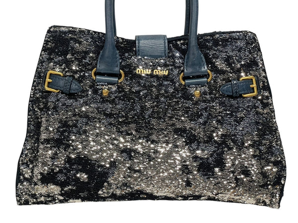 MIUMIU ミュウミュウ ハンドバッグ トートバッグ スパンコール レザー ブルー ネイビー シルバー ゴールド金具 美品 中古 4b010103