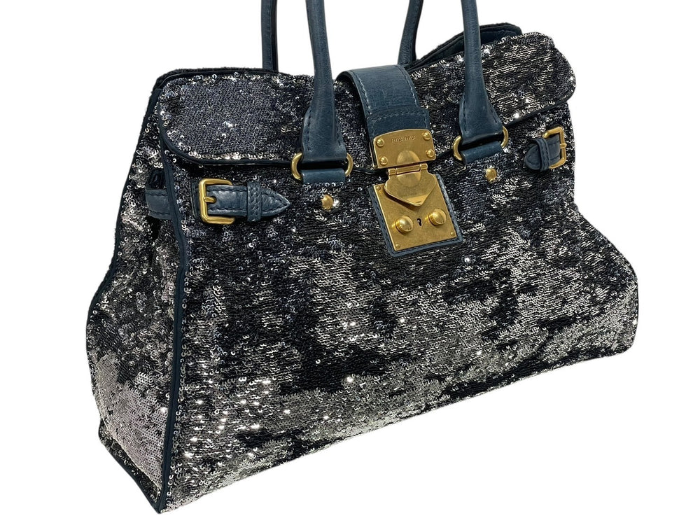 MIUMIU Handbag Tote Bag Sequins Leather Blue Navy Silver Gold Hardware Good Condition Used 4b010103